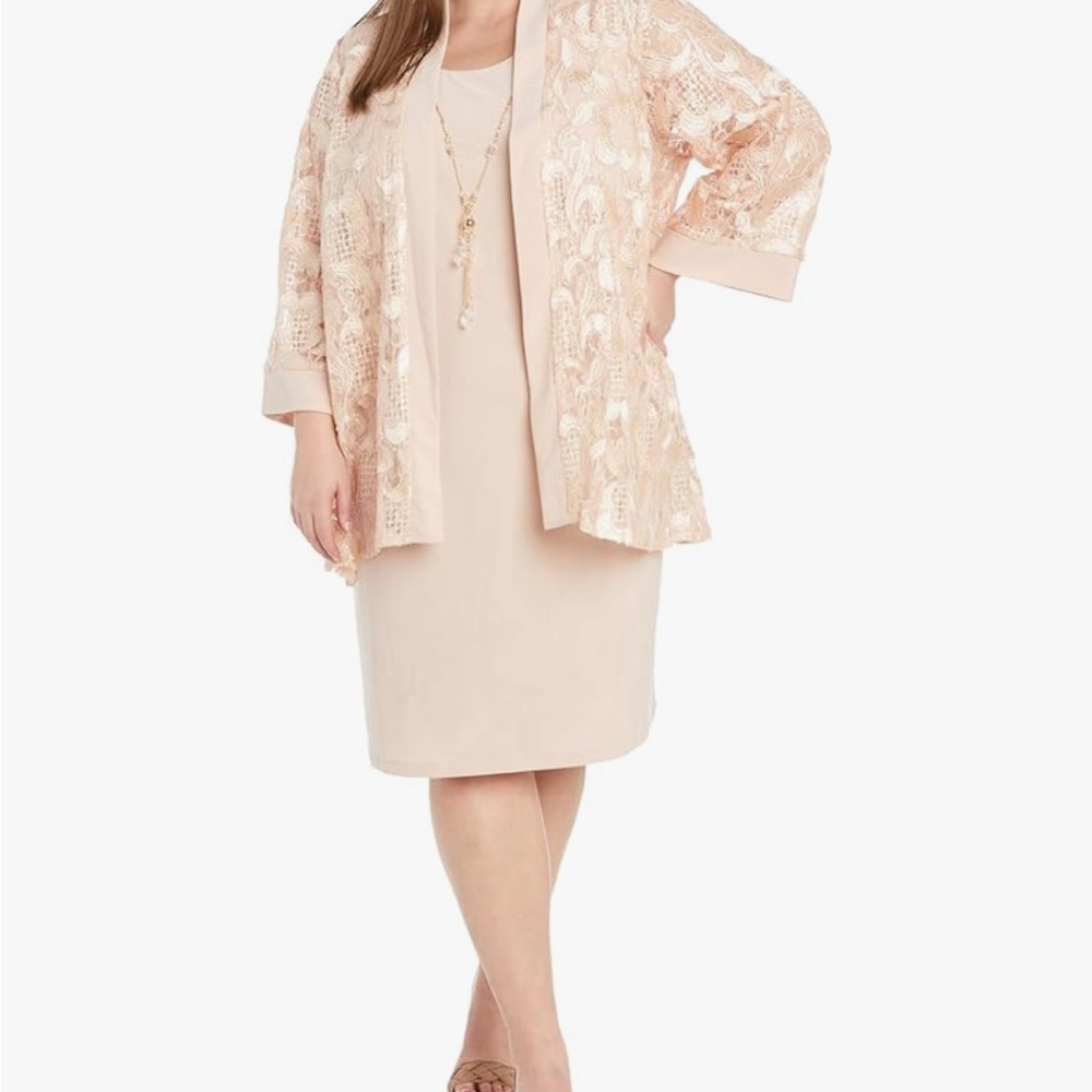R&M Richards Petal Pink Lace Jacket Dress Set – Size 16 Plus – New With Tags